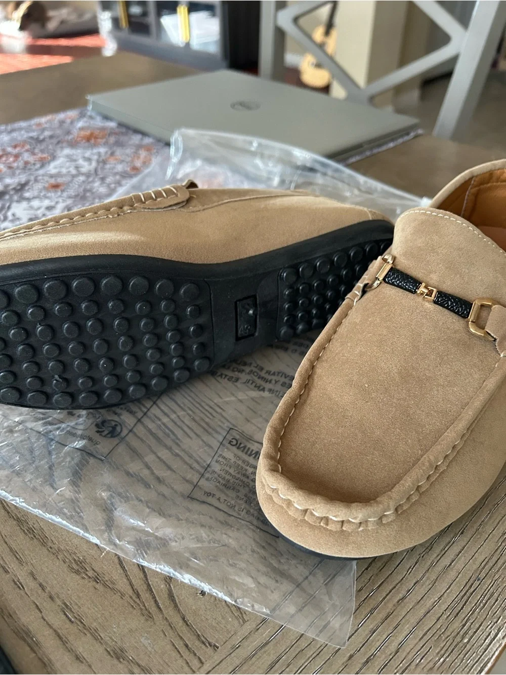 Men's Tan Suede Slip-On Loafers with Gold Bit Accent